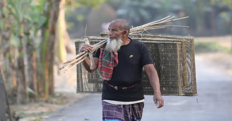 ফাঁদ ( ডারকি) নিয়ে মাছ শিকারে যাচ্ছেন এই ব্যক্তি